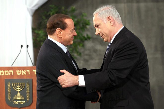 Israeli Prime Minister Benjamin Netanyahu welcomes his Italian counterpart Silvio Berlusconi at his office in Jerusalem. Feb. 1, 2010. Photo by Ariel Jerozolimski/Flash90.