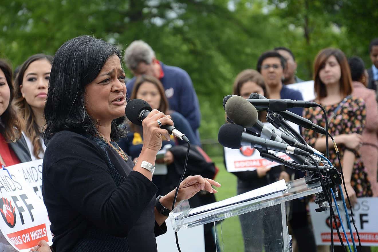 Rep. Pramila Jayapal (D-Wash.) speaks at the Hands Off Budget rally in Washington, D.C. on May 24, 2017. Credit: AFGE/Wikipedia.