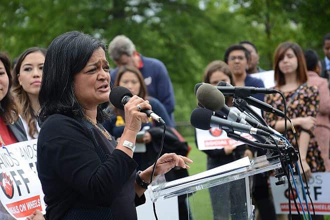 Rep. Pramila Jayapal (D-Wash.) speaks at the Hands Off Budget rally in Washington, D.C. on May 24, 2017. Credit: AFGE/Wikipedia.