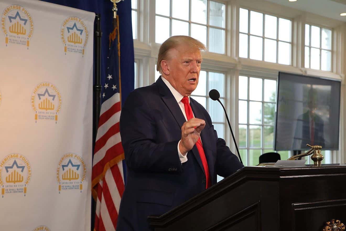 Former President Donald Trump speaks at an event where he received a Keter Yerushalyim (Crown of Jerusalem) Award, July 10, 2023. Credit: Israel Heritage Foundation.