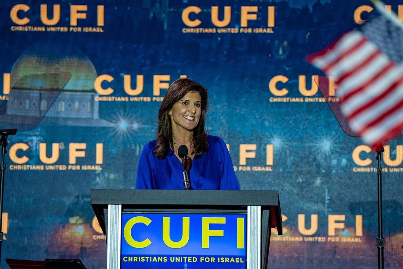 Republican presidential candidate Nikki Haley, a former ambassador and governor, speaks at the Christians United for Israel (CUFI) Washington Summit on July 17, 2023. Credit: Courtesy of Nikki Haley for President.