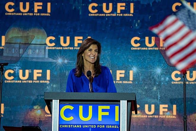 Republican presidential candidate Nikki Haley, a former ambassador and governor, speaks at the Christians United for Israel (CUFI) Washington Summit on July 17, 2023. Credit: Courtesy of Nikki Haley for President.
