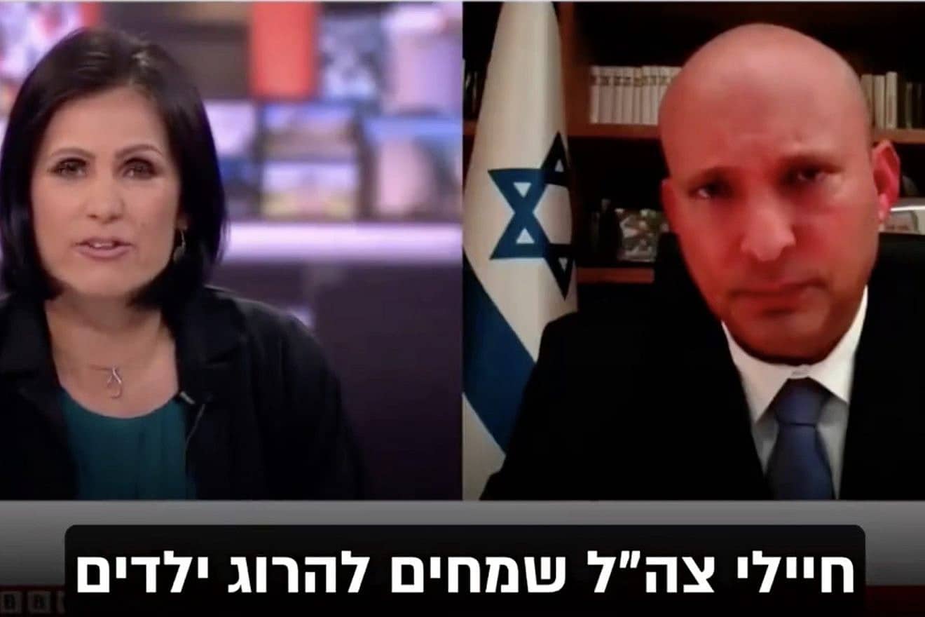 Anjana Gadgil, a BBC anchor, interviews former Israeli Prime Minister Naftali Bennett on July 4, 2023. Credit: Twitter screenshot.