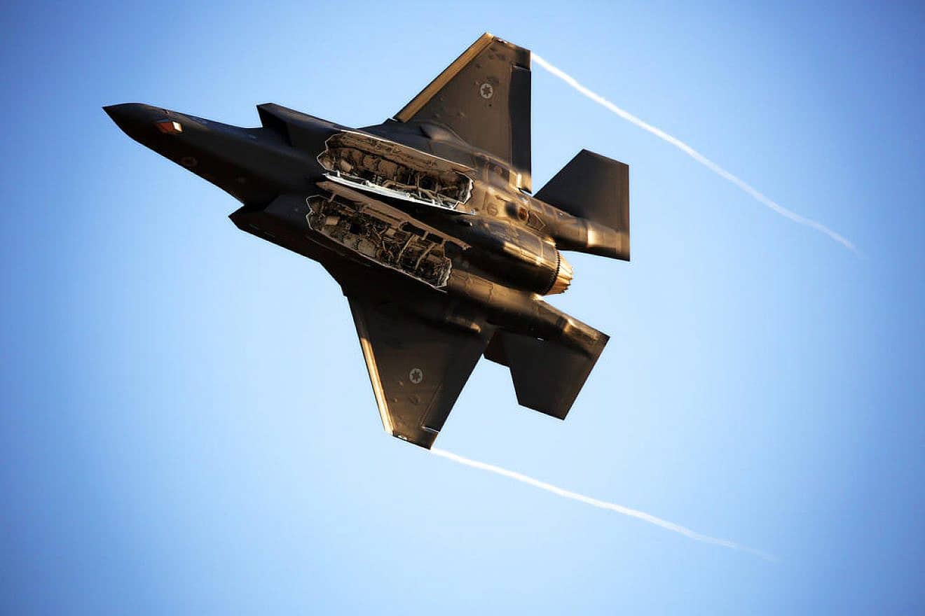 An Israel Air Force IAF Lockheed Martin F-35 Adir (Lightning II) stealth multirole combat aircraft with weapons bay open over Hatzerim Air Base near Beersheva, June 27, 2017. Photo by Yissachar Ruas/TPS.