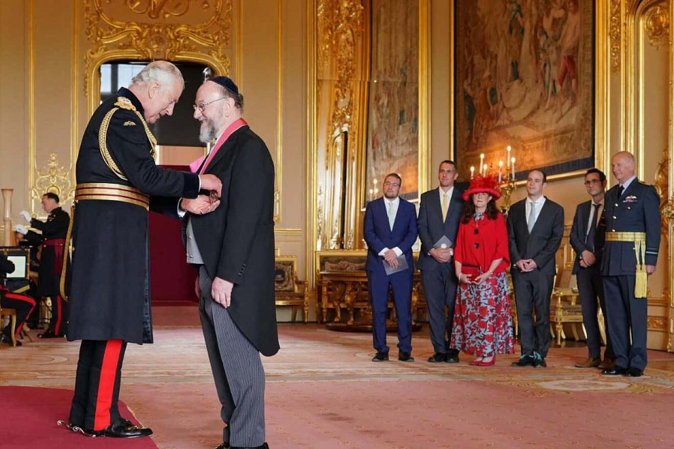U.K. Chief Rabbi Ephraim Mirvis received the title of Knight Commander of the Order of the British Empire, July 11, 2023. Credit: Twitter.