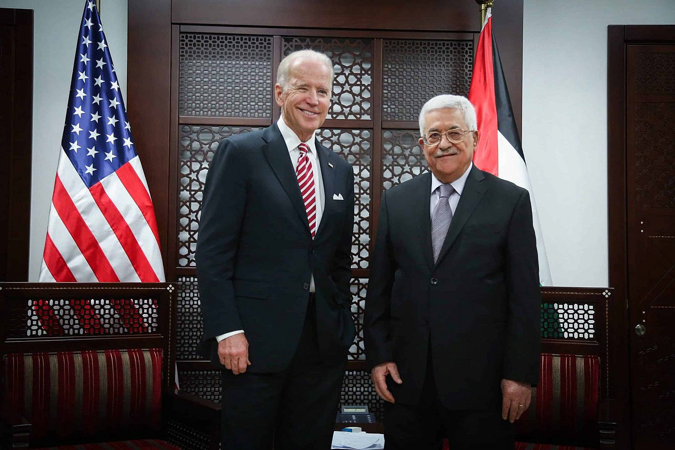 Then-U.S. Vice President Joe Biden with Palestinian Authority leader Mahmoud Abbas in Ramallah, March 9, 2016. Credit: Flash90.