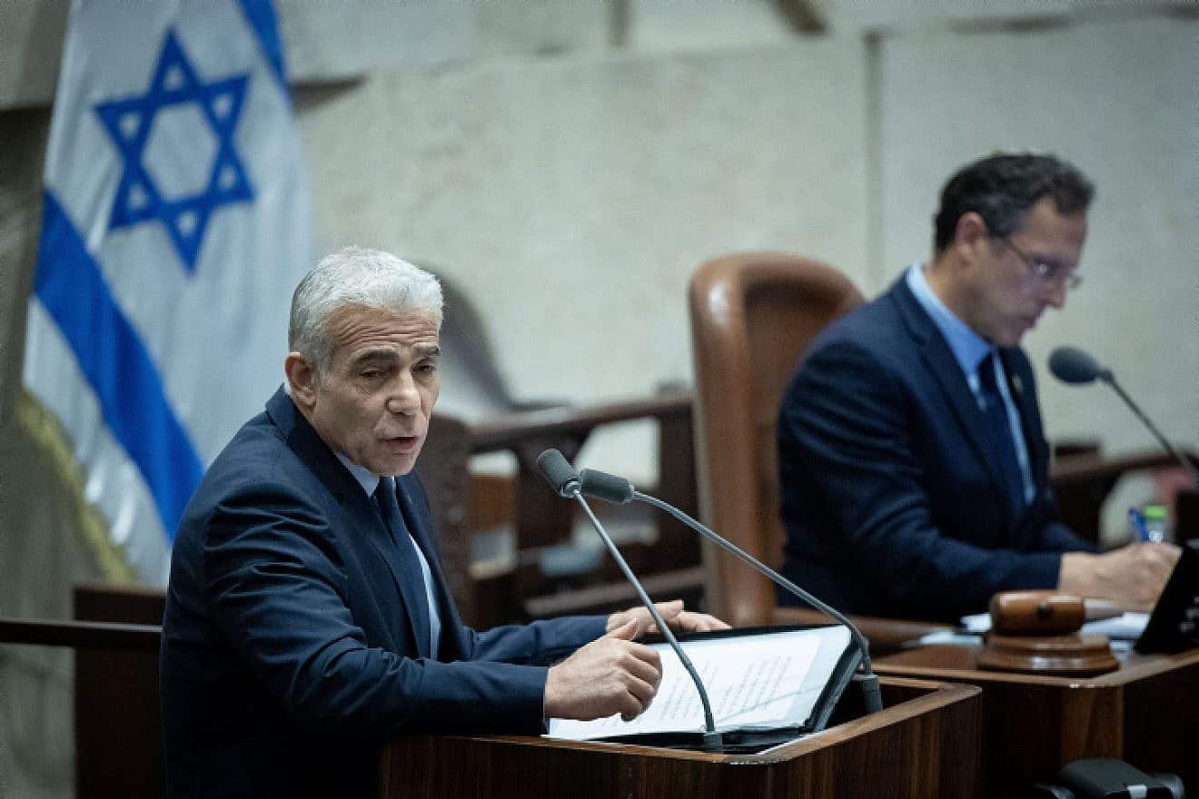 Opposition leader Yair Lapid addresses the Knesset, July 30, 2023. Photo by Yonatan Sindel/Flash90.