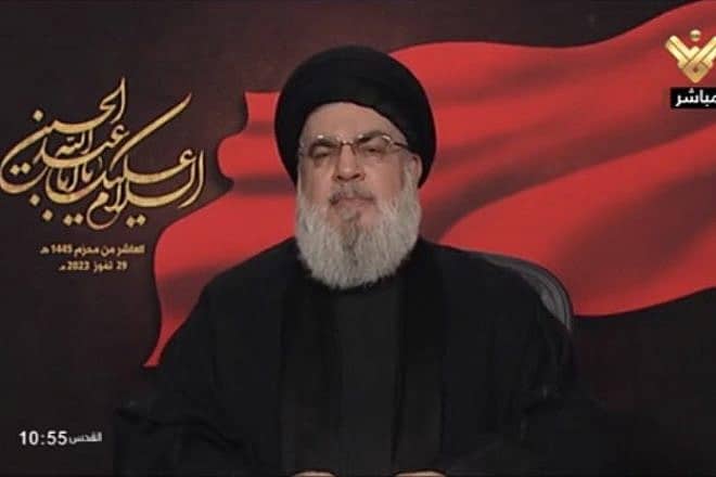 Hezbollah Secretary-General Hassan Nasrallah delivering a video address to mark the end of the Shi'ite holiday of Ashura, Beirut, July 29, 2023. Source: Twitter.