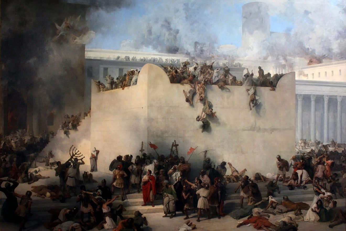 Francesco Hayez's 1867 oil on canvas painting "The Destruction of the Temple of Jerusalem" at Venice's Gallerie dell'Accademia. Both the first and second iterations of the Beit Hamikdash were razed on Tisha B’Av, hundreds of years apart. Credit: Francesco Hayez via Wikimedia Commons.
