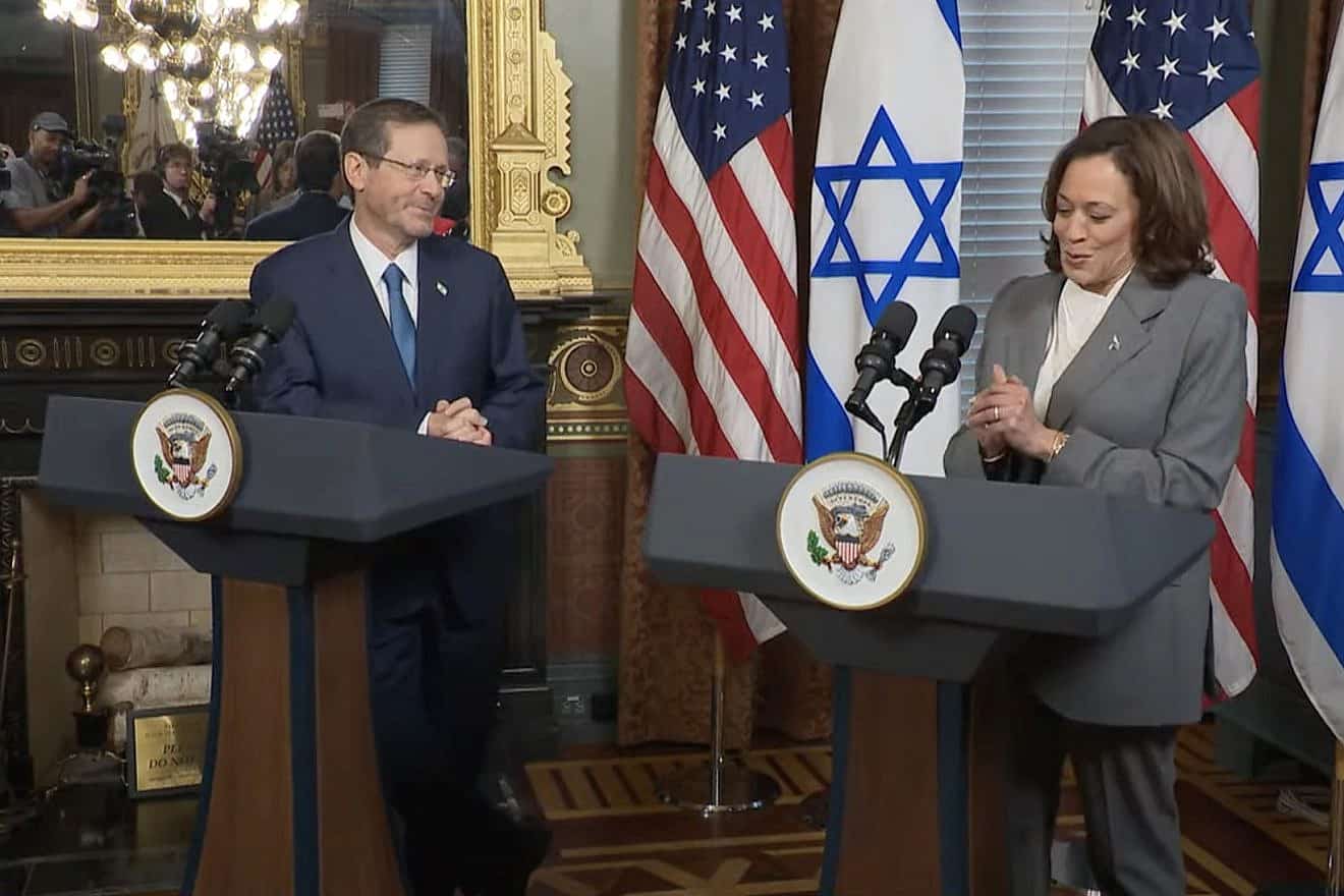 Israeli President Isaac Herzog and U.S. Vice President Kamala Harris discuss a new climate initiative at the White House complex on July 19, 2023. Source: YouTube.