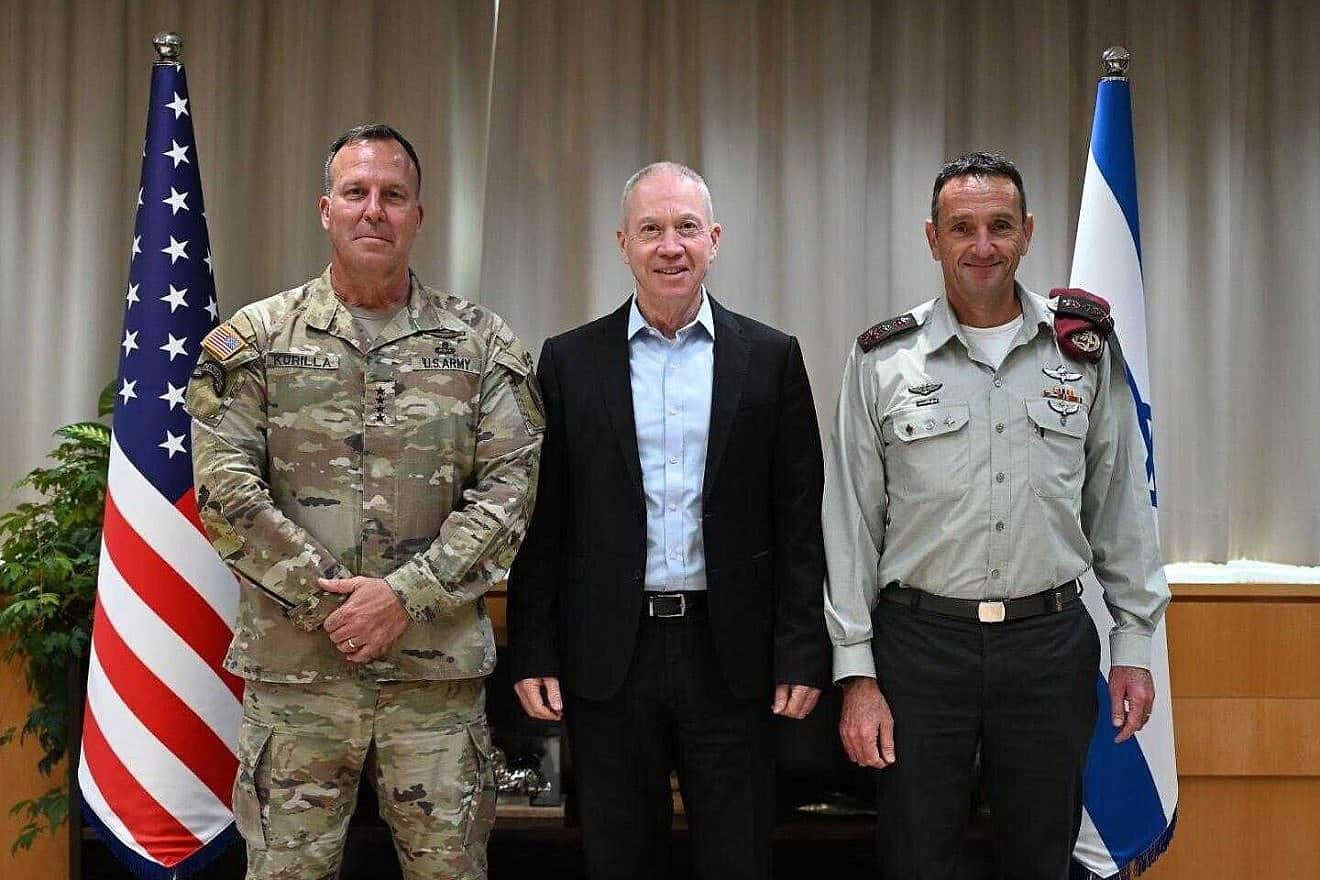 U.S. CENTCOM chief Gen. Michael Kurilla (left) meets with Israeli Defense Minister Yoav Gallant and IDF Chief of Staff Lt. Gen. Herzi Halevi in Tel Aviv, July 26, 2023. Credit: Israel Defense Ministry.