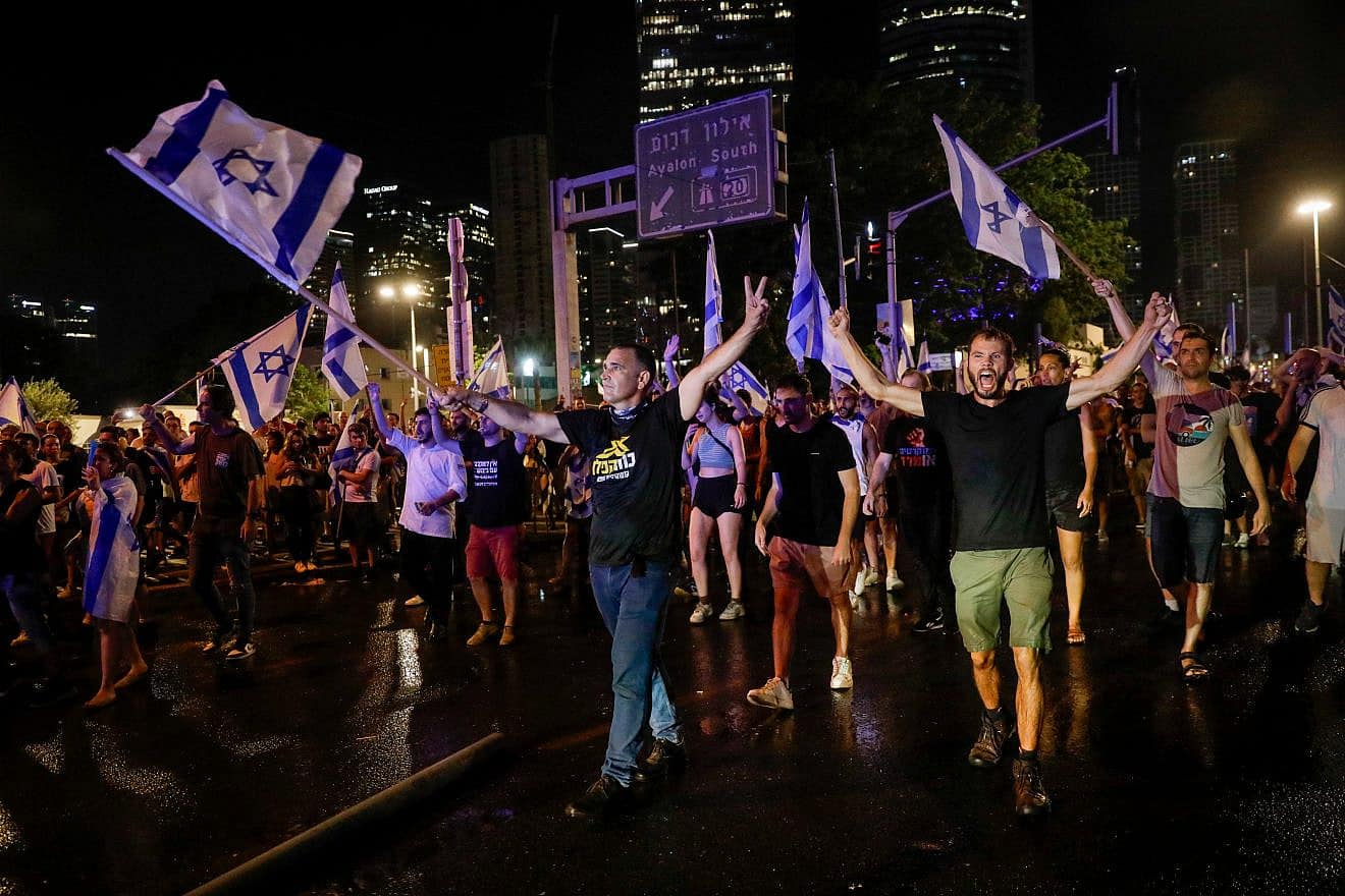 Activists and protesters in Tel Aviv against the government's proposed judicial overhaul, July 18, 2023. Photo by Miriam Alster/Flash90.