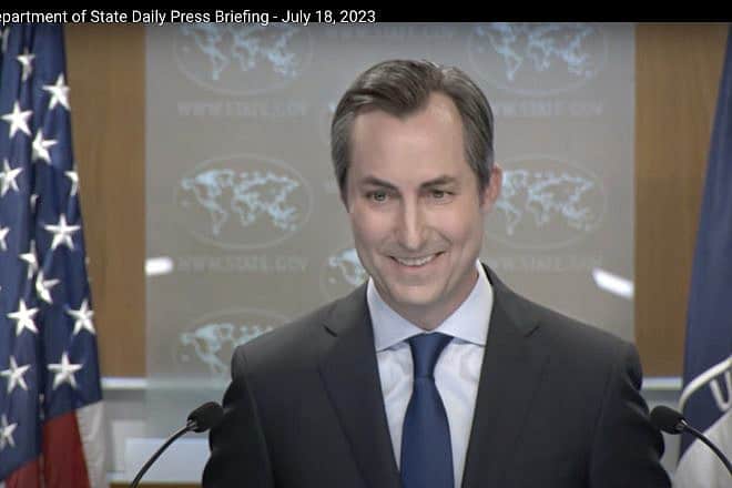 Miller Miller, U.S. State Department spokesman, answers reporter questions at the department's press briefing on July 18, 2023. Source: YouTube.