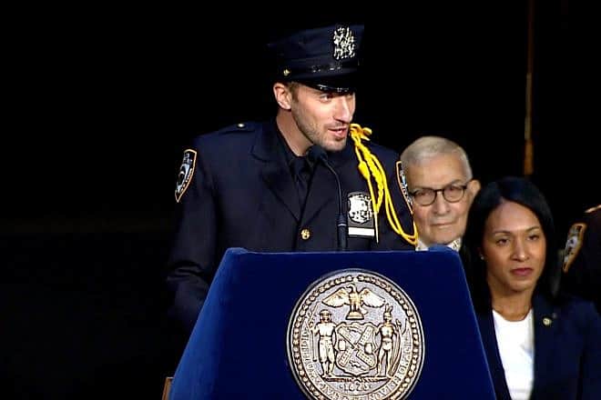 Orthodox Jew Samuel Winsbacher of Monsey, N.Y., this year's New York Police Department’s Police Academy valedictorian, spoke at the ceremony on July 25, 2023. Source: Screenshot.