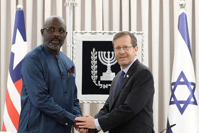 Israeli President Isaac Herzog meets in Jerusalem with his counterpart from Liberia, George Weah, July 4, 2023. Credit: Amos Ben-Gershom/GPO.