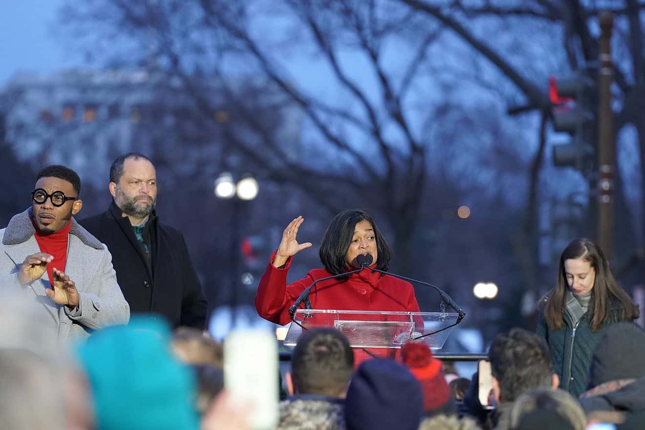 Rep. Pramila Jayapal (D-Wash.) speaking at a “Save Our Democracy” rally on the anniversary of the insurrection at the Capitol, Jan. 6, 2022. Credit: Phil Pasquini/Shutterstock.