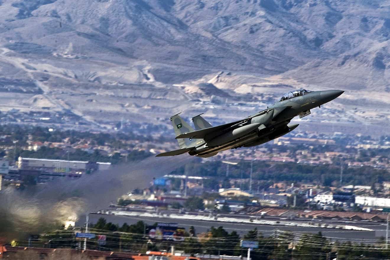 A Royal Saudi Air Force F-15 Strike Eagle departs for a training mission over the Nevada Test and Training Range in the U.S., Jan. 27, 2011. Photo by Senior Airman Brett Clashman/U.S. Air Force via Wikimedia Commons.