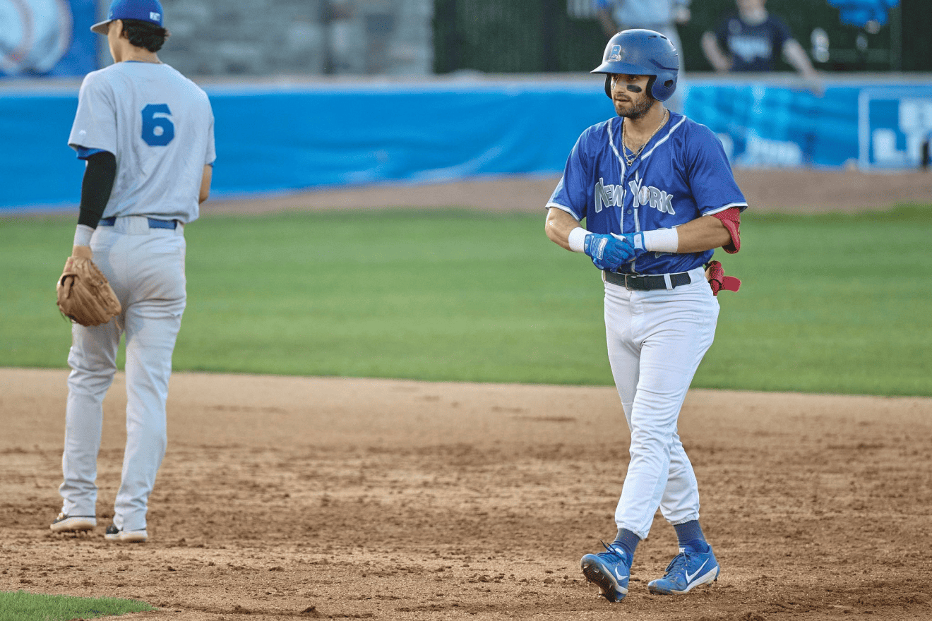 David Vinsky, 25, a left-fielder for the New York Boulders, competed (and won) against the Evansville Otters on Jewish Heritage Day at Clover Stadium in Rockland County, N.Y., July 30, 2023. Photo by Perry Bindelglass.