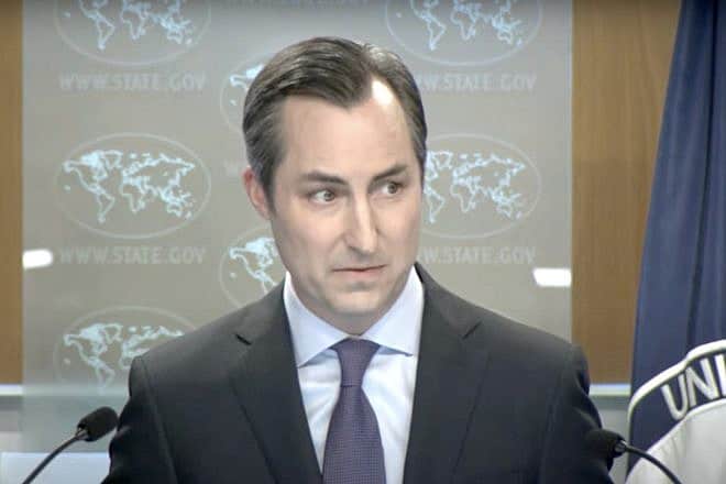 Miller Miller, U.S. State Department spokesman, answers reporter questions at the department's press briefing on July 12, 2023. Source: YouTube.