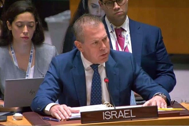 Gilad Erdan, Israeli ambassador to the U.N., speaks during a Security Council meeting, July 27, 2023. Credit: Courtesy of the Israeli Mission to the United Nations.