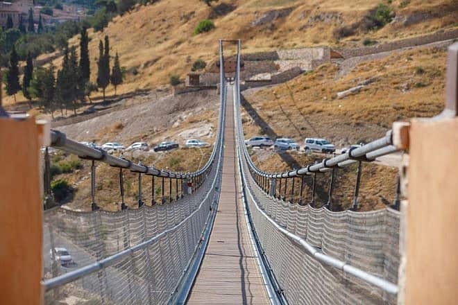 Jerusalem's new suspension bridge over the Hinnom Valley, as seen from Mount Zion. Credit: Eliyahu Yanai/City of David.