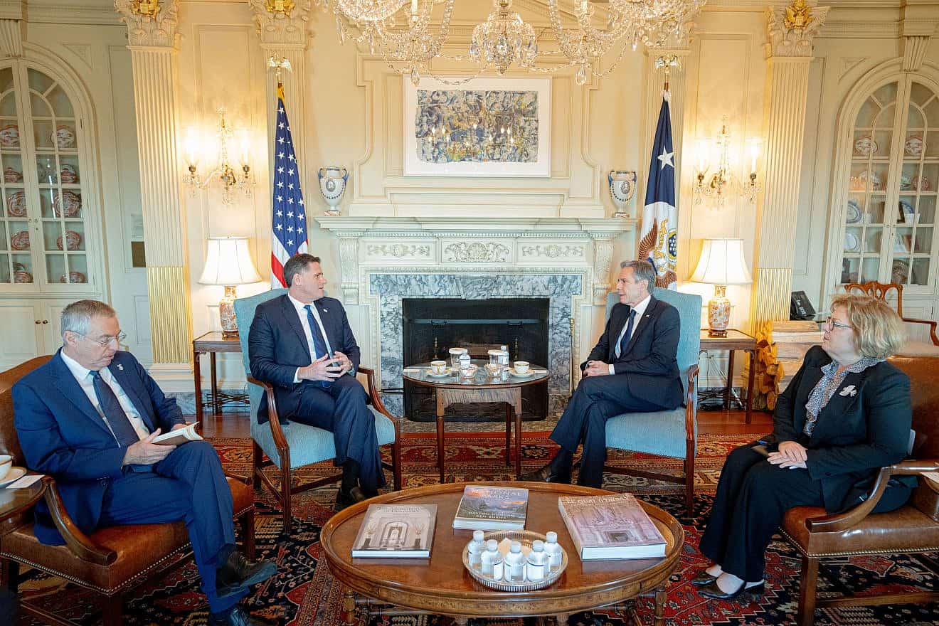 U.S. Secretary of State Antony Blinken meets with Israeli Minister for Strategic Affairs Ron Dermer at the U.S. Department of State in Washington, D.C., on Aug. 17, 2023. Photo by Freddie Everett/U.S. State Department.