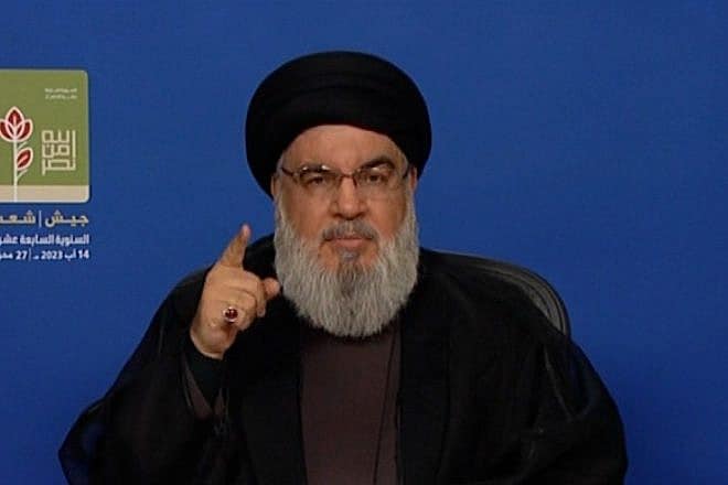 Hezbollah Secretary-General Hassan Nasrallah during a televised address marking the 17th anniversary of the end of the Second Lebanon War, Aug. 14, 2023. Source: X/formerly Twitter.