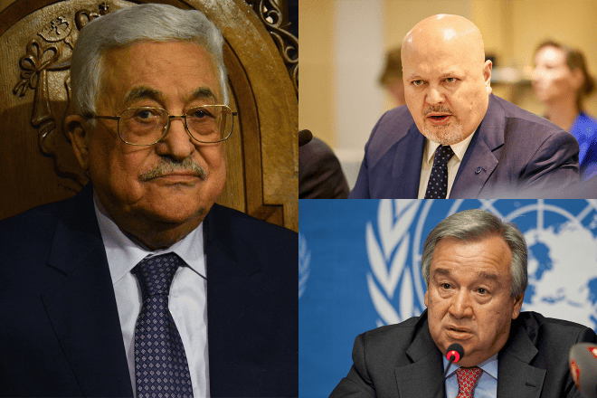 P.A. chief Mahmoud Abbas (left), ICC Prosecutor Karim Ahmad Khan (top right) and U.N. Secretary-General António Guterres. Credit: Golden Brown/Shutterstock, Dutch Ministry of Foreign Affairs, U.S. Mission Geneva.