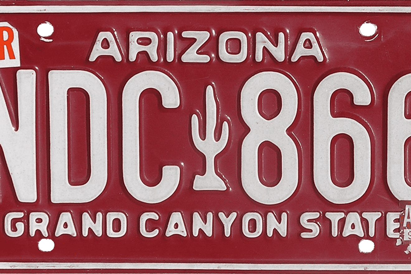 Arizona license plate, 1980-1996 series, with a March 1998 sticker. Credit: Wikipedia.