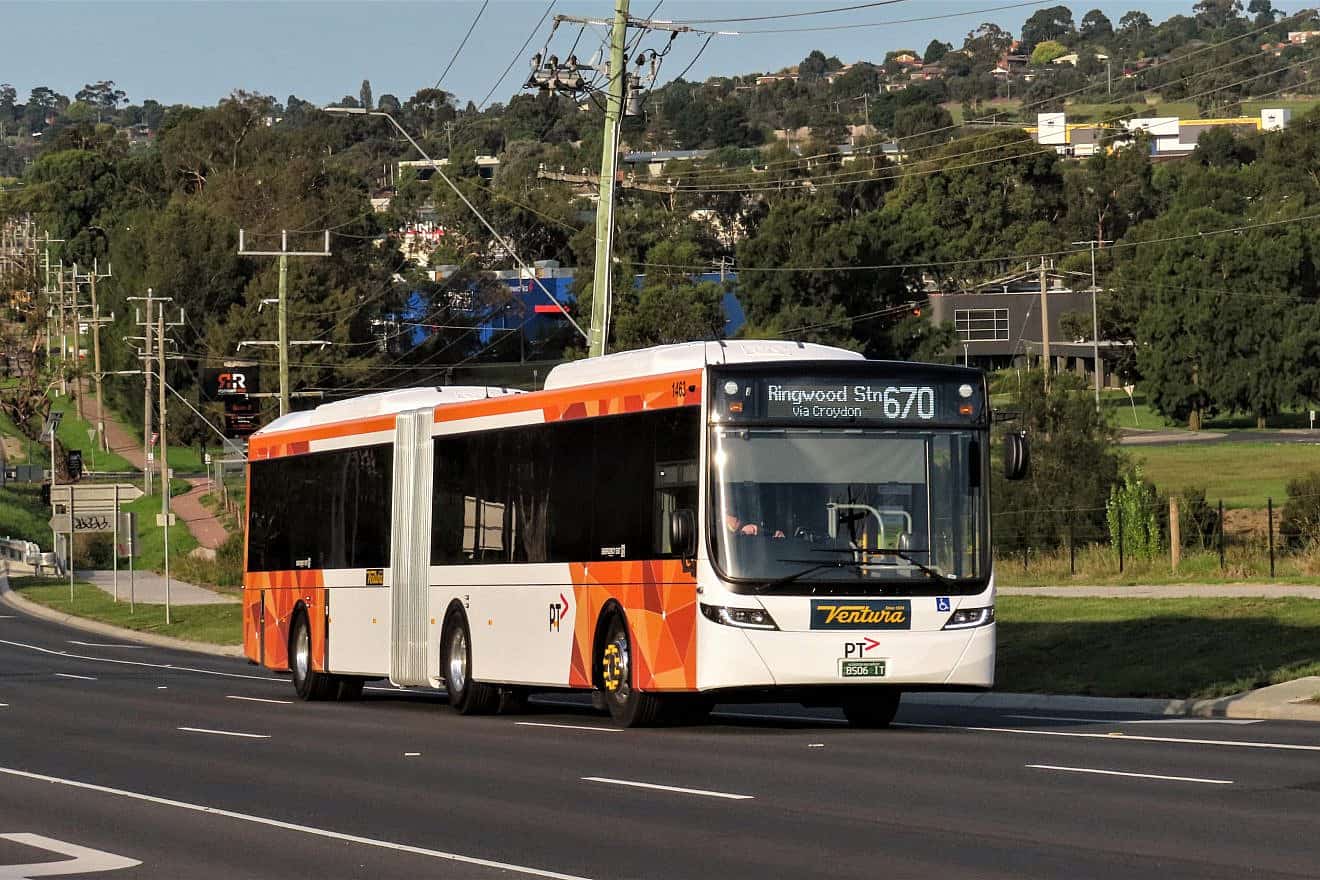 A bus operating in the Melbourne Eastern suburb of Croydon in Australia in 2021. Credit: Thomas Hobley via Wikimedia Commons.