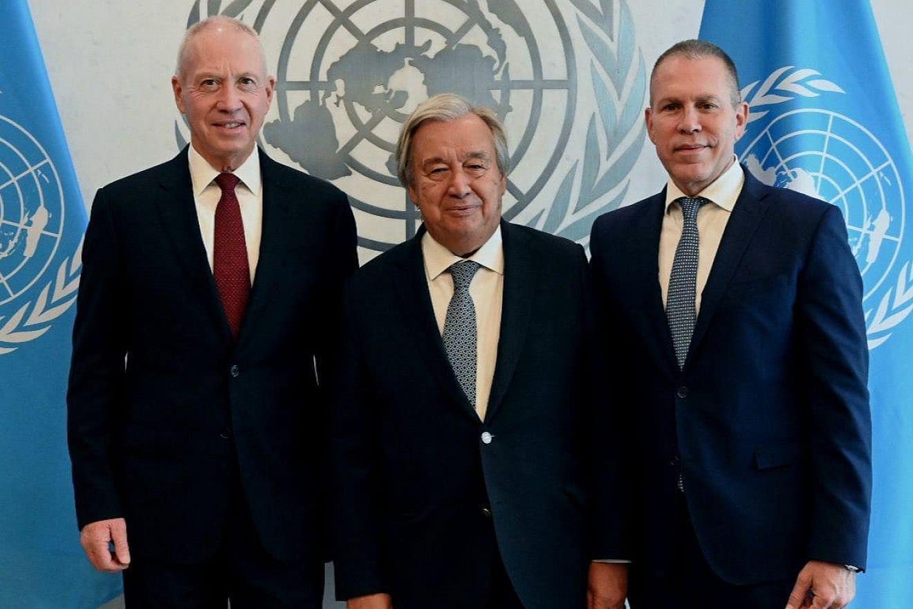From left: Israeli Defense Minister Yoav Gallant, U.N. Secretary-General António Guterres and Israeli Ambassador to the United Nations Gilad Erdan at U.N. headquarters in New York City on Aug. 28, 2023. Photo by Ariel Hermoni/Defense Ministry.
