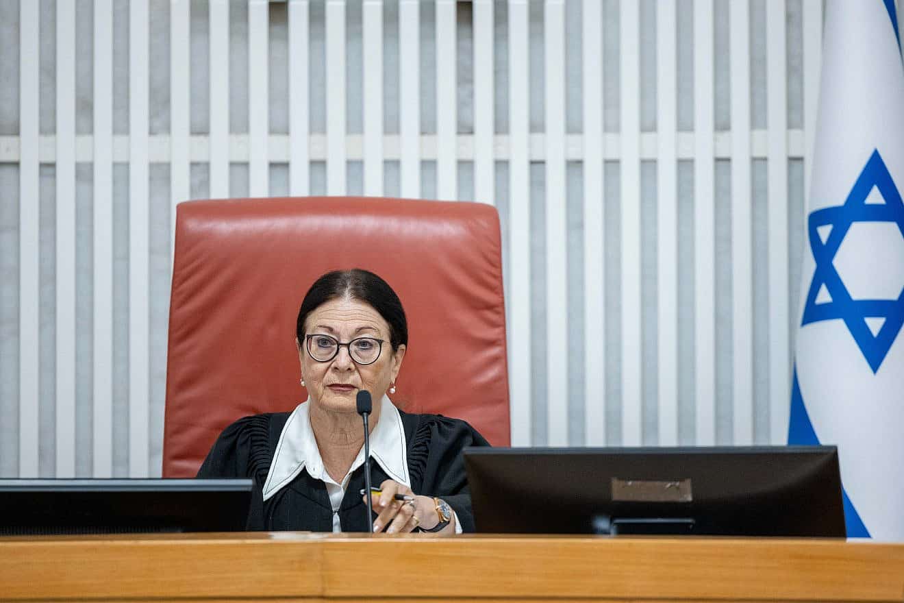 Israeli Supreme Court president Esther Hayut during a court hearing on petitions against a law to get around Prime Minister Netanyahu's incapacitation, at the Supreme Court in Jerusalem, on Aug. 3, 2023. Photo by Yonatan Sindel/Flash90.