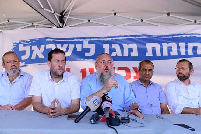 Heads of the Judea, Samaria and Jordan Valley councils attend a press conference of the Yesha Council outside the home of then-Defense Minister Benny Gantz in Rosh Ha'ayin, Oct. 3, 2022. Photo by Tomer Neuberg/Flash90.