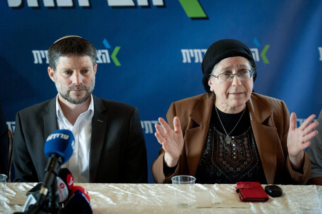 Finance Minister Bezalel Smotrich and National Mission Minister Orit Strock attend a Religious Zionism Party faction meeting at the Givat Harel outpost in Samaria, Feb. 14, 2023. Photo by Sraya Diamant/Flash90.