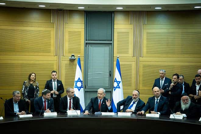 Israeli Prime Minister Benjamin Netanyahu, party heads and government ministers attend a meeting on the state budget, May 23, 2023. Photo by Yonatan Sindel/Flash90.