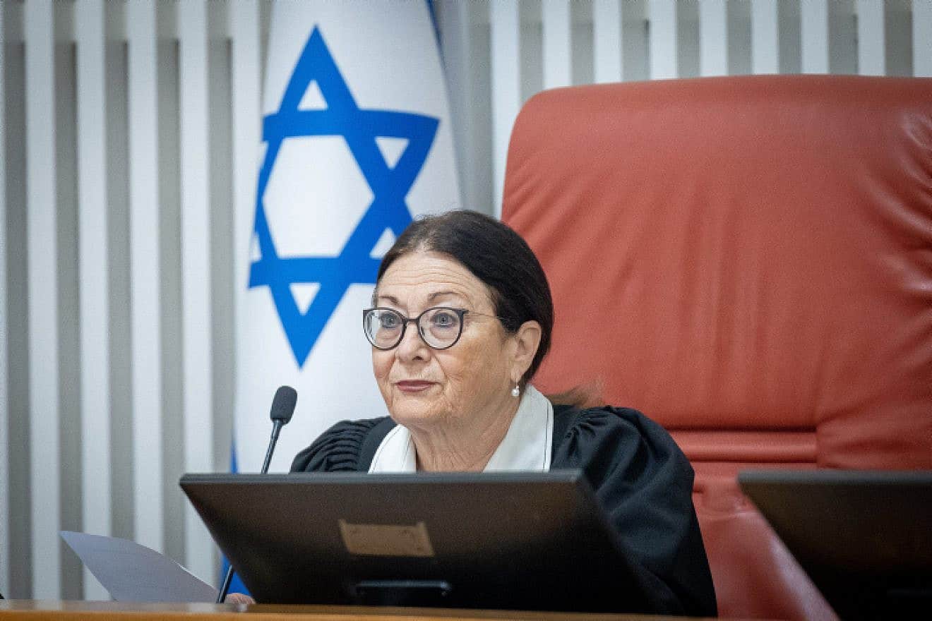 Supreme Court President Esther Hayut at a hearing on the "recusal law" in Jerusalem, Aug. 3, 2023. Photo by Yonatan Sindel/Flash90.