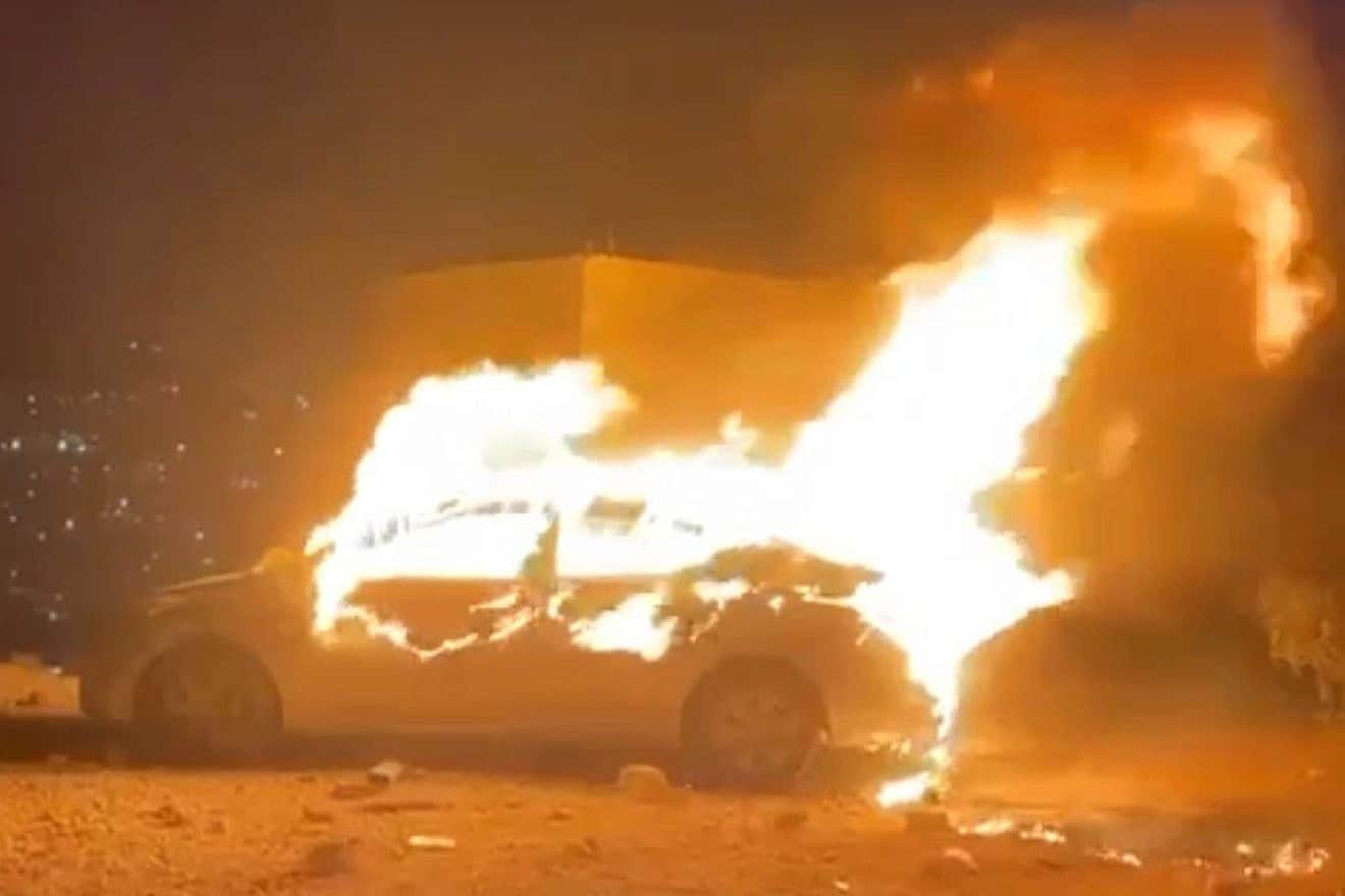 The Israeli man's car in flames in the Palestinian village of Turmus Ayya on Aug. 20, 2023. Source: Twitter.