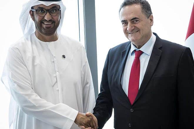 Energy Minister Israel Katz (l) meets UAE Minister of Industry and Advanced Technology Sultan Al Jaber in Abu Dhabi, Aug. 13, 2023. Credit: Twitter.