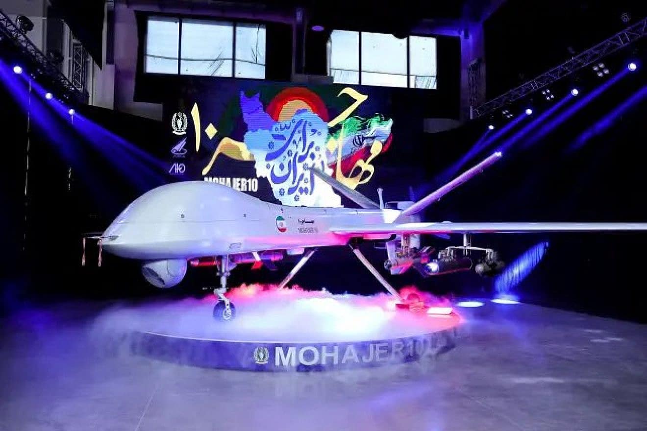 The Iranian-made Mohajer-10 drone unveiled on Aug. 22, 2023. Source: X, formerly Twitter.