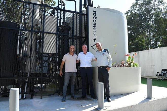 At the IDF's Glilot Base near Herzliya are, from left, Oshik Efrati, CEO of HomeBiogas; Erez Zidon, director of the Defense Ministry’s Logistics and Assets Department; and Brig. Gen. Pini Ben Moyal, head of the IDF Logistics Division, Aug. 7 2023. Credit: Ministry of Defense Spokesperson’s Office.