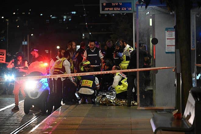 An Israeli was lightly wounded in a stabbing attack at the Shivtei Israel light rail stop in Jerusalem, Aug. 30. 2023. Photo by Yoav Dudkevitch/TPS.