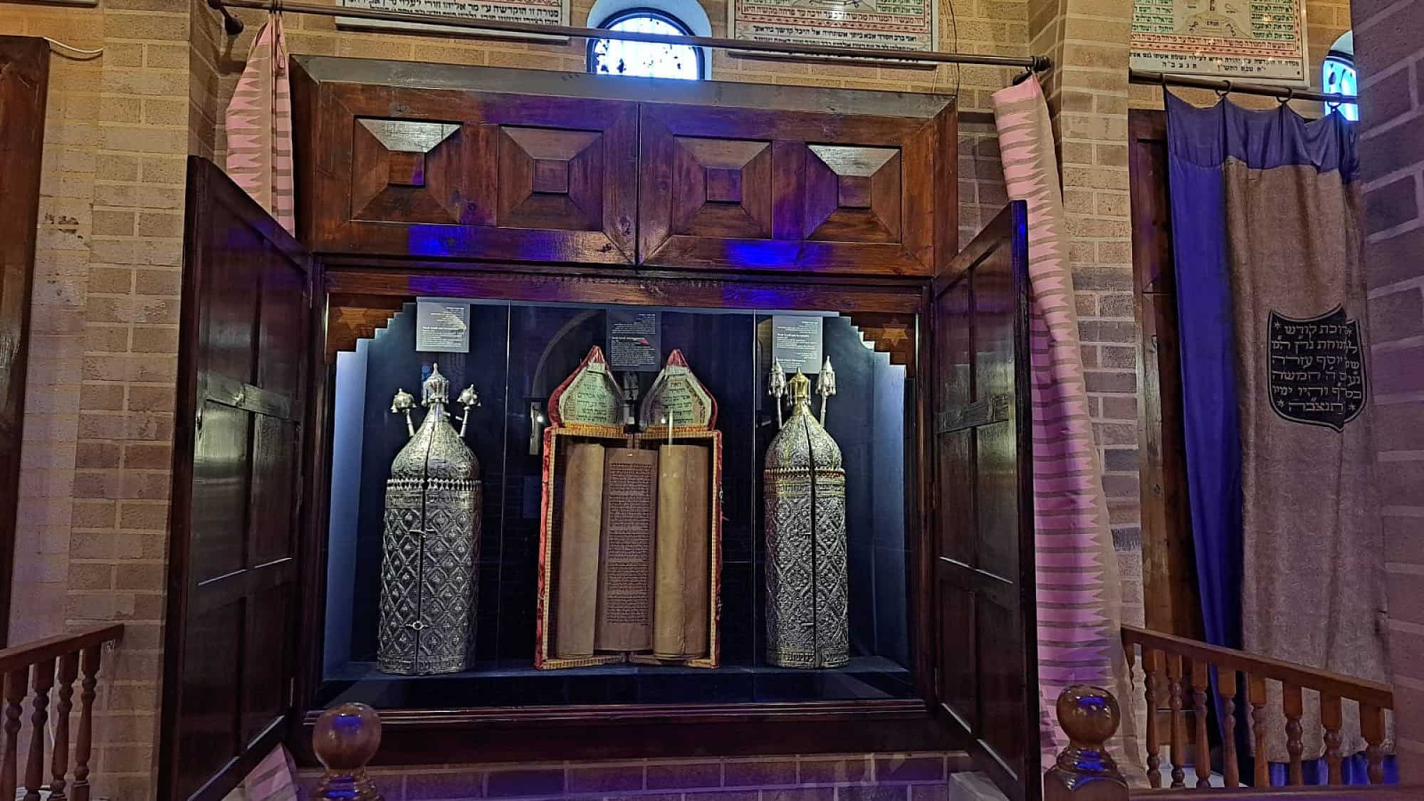 Torah scrolls of the Iraqi-Jewish community at the Babylonian Jewry Heritage Center in Or Yehuda. Photo by Lily Shor.
