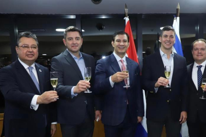 From left: Sen. Gustavo Leite, chairman of the Paraguayan Israel Allies Caucus; Vice President-elect Pedro Alliana; President of the Senate Silvio Ovelar; President-elect Santiago Peña; and Leopoldo Martinez, IAF Latin America director. Credit: Courtesy.