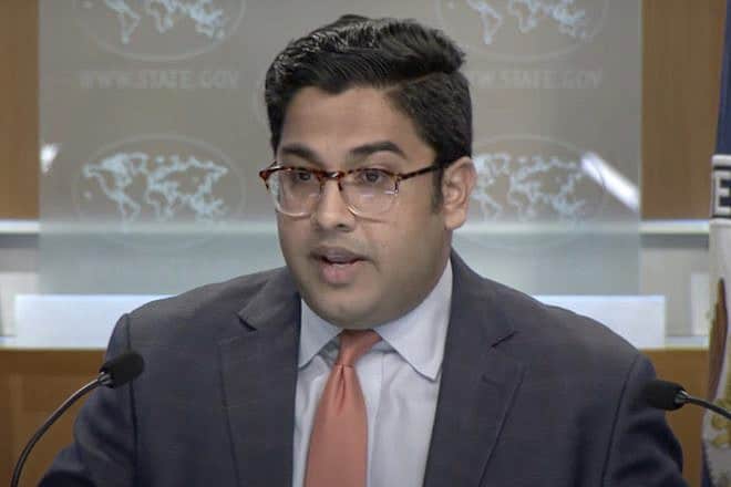Vedant Patel, U.S. State Department deputy spokesman, answers questions at the department's Aug. 18, 2023 press briefing. Credit: YouTube screen shot.