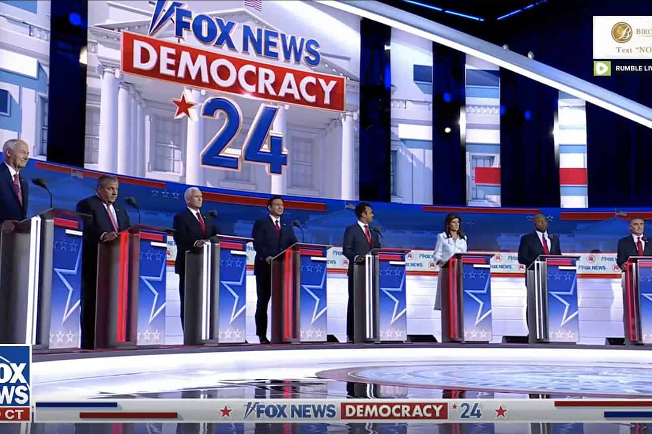 Candidates at the first Republican presidential debate for the 2024 elections, held in Milwaukee on Aug. 23, 2023. Source: Screenshot.