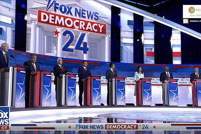 Candidates at the first Republican presidential debate for the 2024 elections, held in Milwaukee on Aug. 23, 2023. Source: Screenshot.