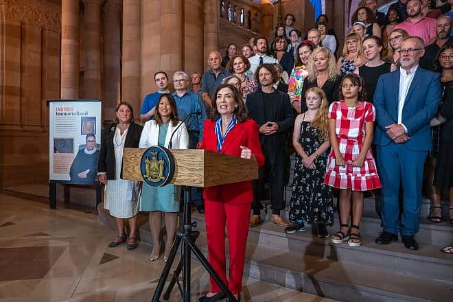 New York Gov. Kathy Hochul unveils a relief portrait of the late U.S. Supreme Court Justice Ruth Bader Ginsburg at the New York State Capitol building in Albany, N.Y., on Aug. 21, 2023. Credit: New York State Executive Chamber.