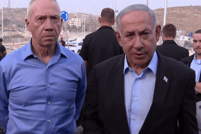 Israeli Defense Minister Yoav Gallant and Israeli Prime Minister Benjamin Netanyahu at the site of a terror attack in the Hebron Hills in Judea on Aug. 21, 2023. Credit: GPO.