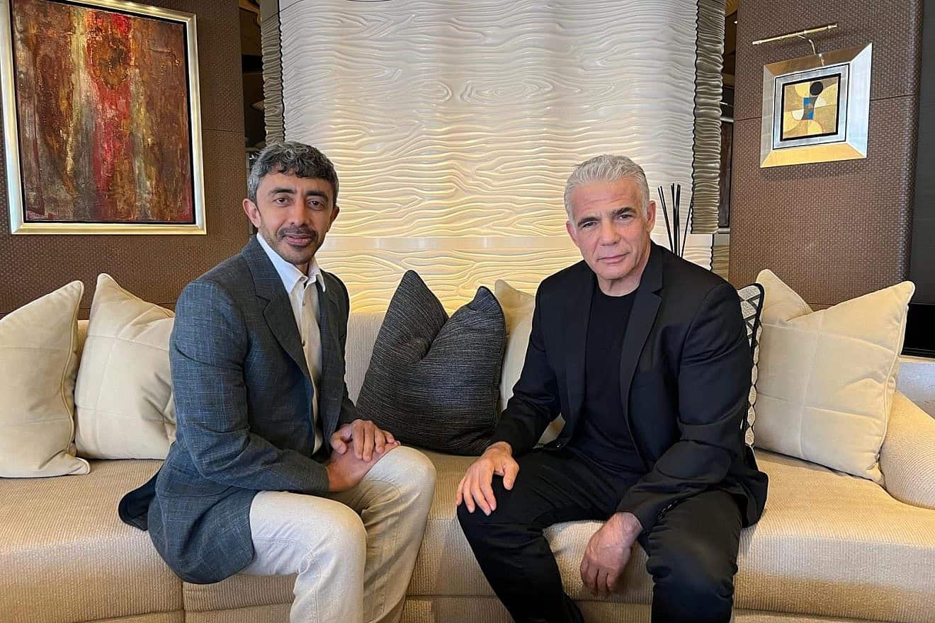 Emirati Foreign Minister Abdullah bin Zayed Al Nahyan (left) meets with Israeli opposition leader Yair Lapid in Italy, Aug. 8, 2023. Source: Twitter.