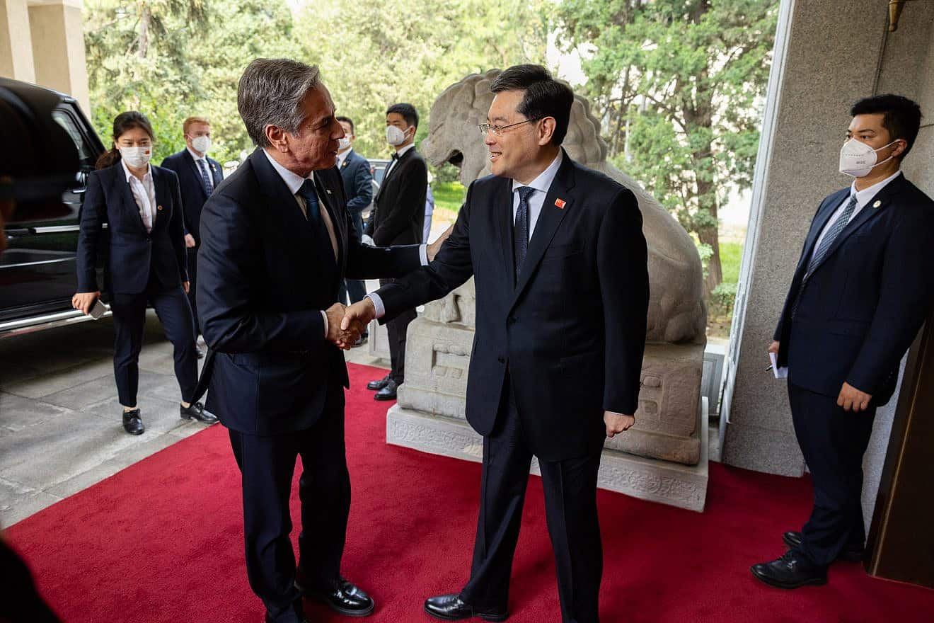Secretary of State Antony Blinken (left) shakes hands with Chinese Foreign Minister Qin Gang at the Diaoyutai State Guesthouse in Beijing on June 18, 2023. Credit: Chuck Kennedy/U.S. State Department.
